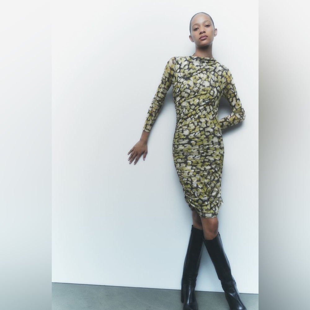 ZARA GREEN PRINTED TULLE DRESS